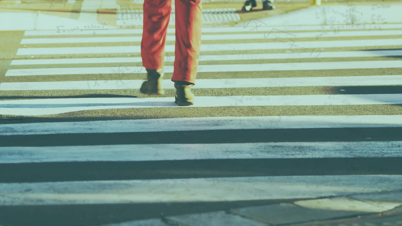 Walking in red pants, person crossing zebra in urban animation setting