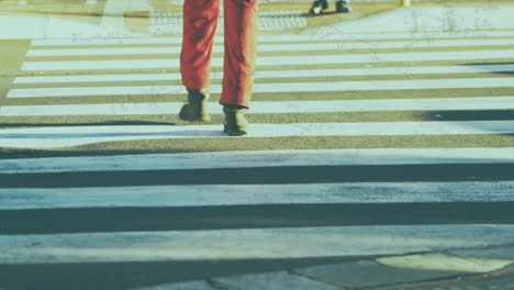 walking in red pants, person crossing zebra in urban animation setting