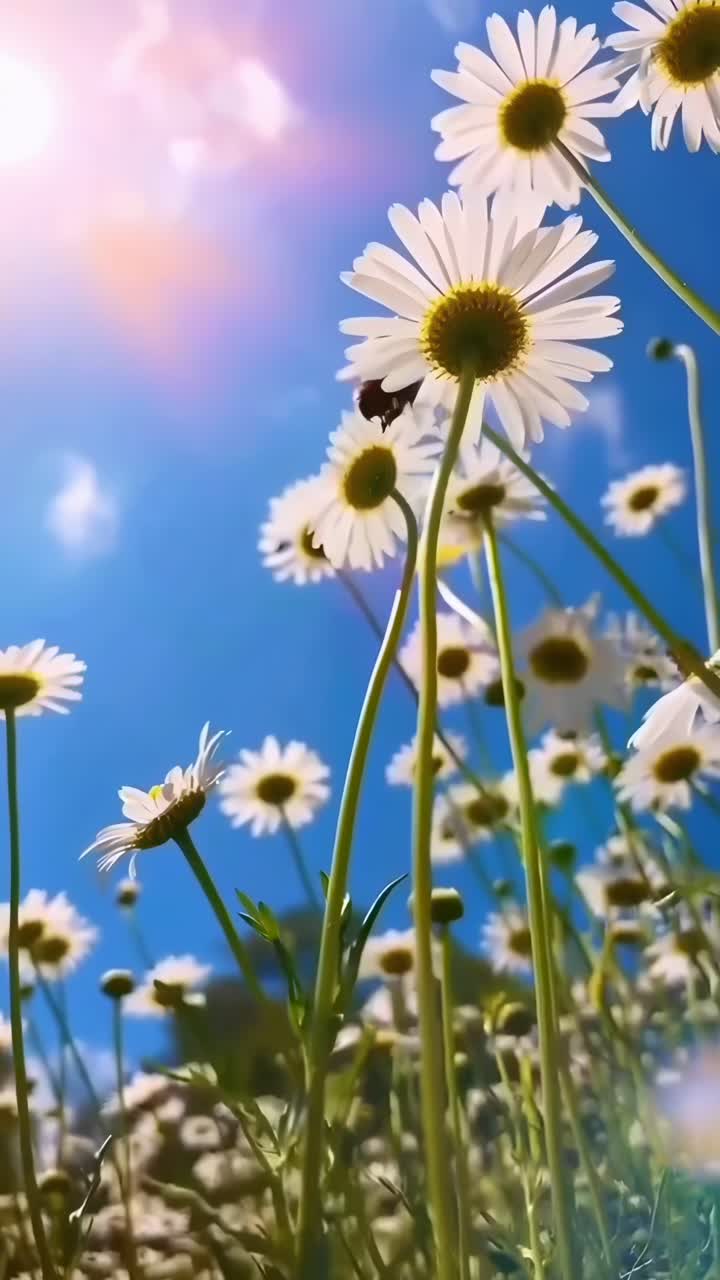 Ripresa video dal basso di margherite sotto un cielo luminoso, che cattura una giornata vibrante e soleggiata