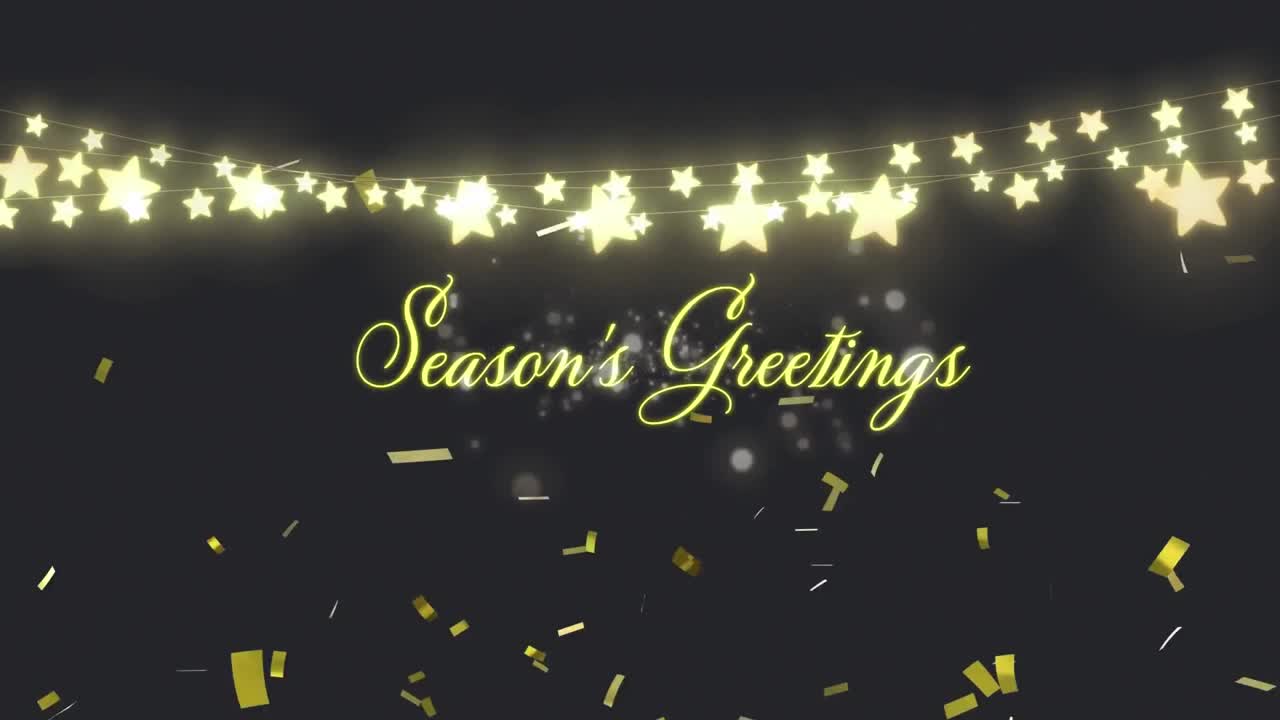 Animation of season's greetings text with string of star fairy lights and gold confetti, on black