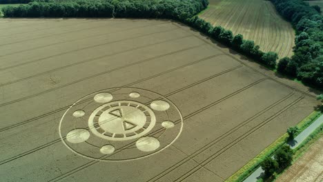 swarraton barley field strange elaborate crop circle pattern aerial view high orbit left above hampshire farmland