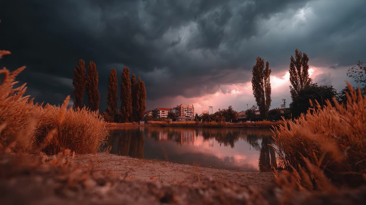 A Dramatic Landscape Under Ominous Skies Reveals the Eerie Beauty of Nature, Surrounded by Tall Trees and a Serene Reflecting Pond Amidst the Approaching Storm