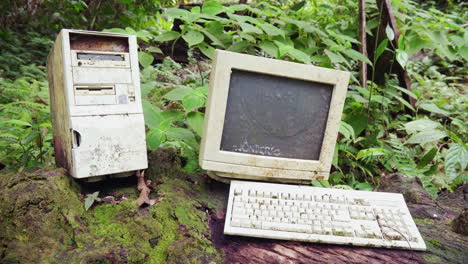 pull back reveal of a dirty vintage computer abandoned in the jungle, costa rica