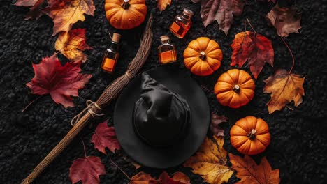 Top-View-of-Witch's-Hat-with-Broomstick-and-Autumn-Elements