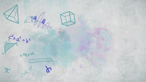 animación de ecuaciones y diagramas matemáticos flotando contra un fondo gris con textura de papel