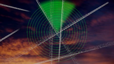 animación de radar de datos de avión con puesta de sol colorida y aviones voladores en el cielo azul
