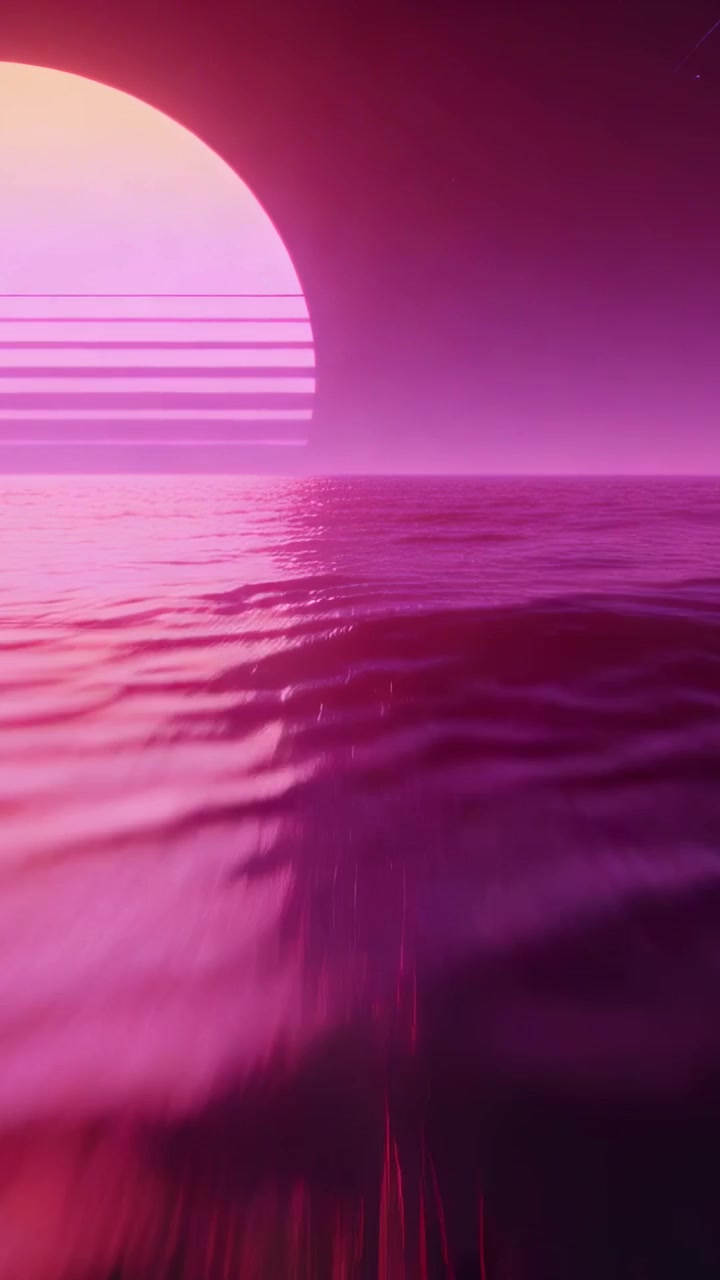 Video verticale: Oceano magenta increspato che riflette un sole a bande che sorge all'orizzonte sinistro, mostrando un glitch.