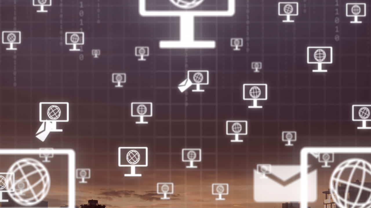 Animation of network of screen icons with globes over landscape