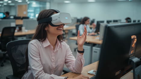 mujer experimentando la realidad virtual en un entorno de oficina