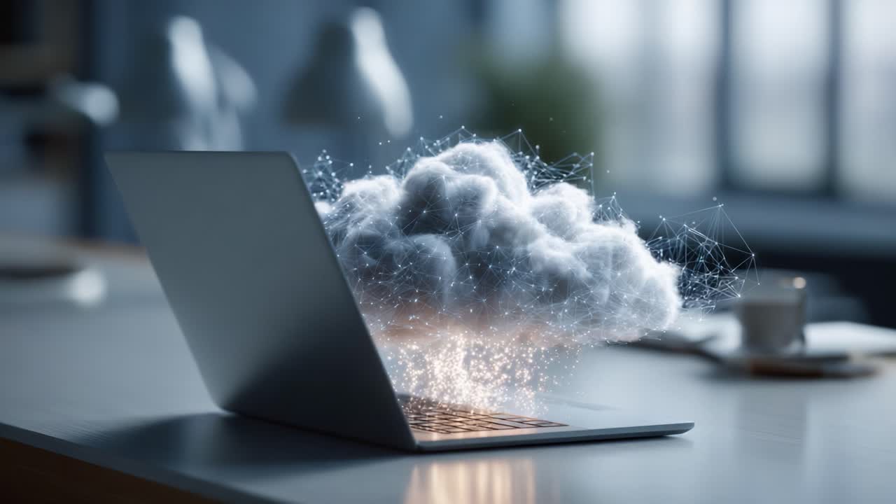 A Surreal Visualization of Cloud Computing: Ethereal Cloud Emerges from a Laptop, Symbolizing Digital Innovation and Modern Technology in a Contemporary Workspace