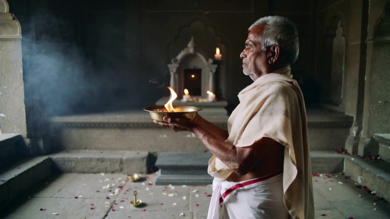 Sacerdote in dhoti e scialle offre un piatto aarti di ottone presso un santuario di pietra, benedicendo il luogo sacro.