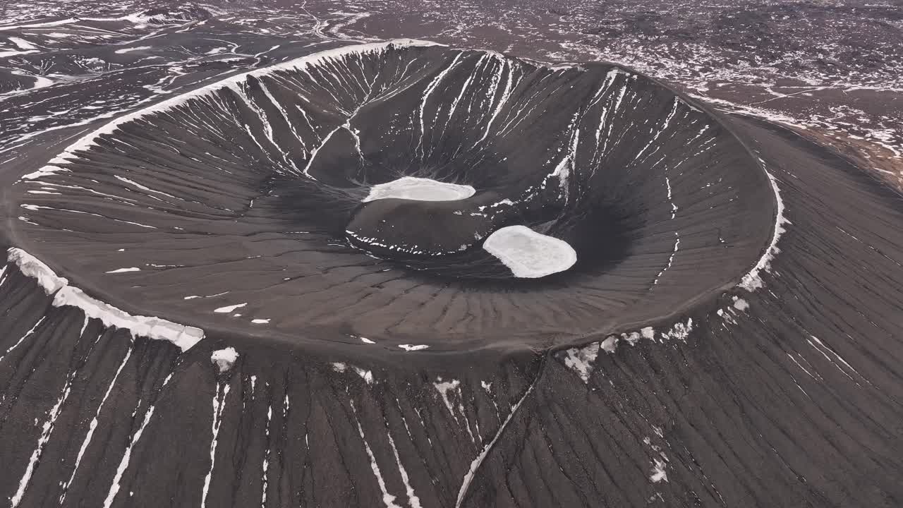 Expansive aerial shot of Hverfjall's circular crater with snow-lined slopes and icy pools. Hverfjall, Iceland