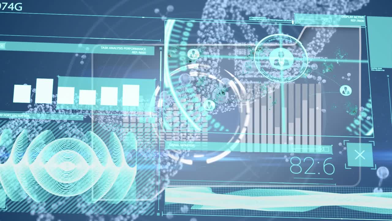 Animation of diverse data over dna chain on navy background