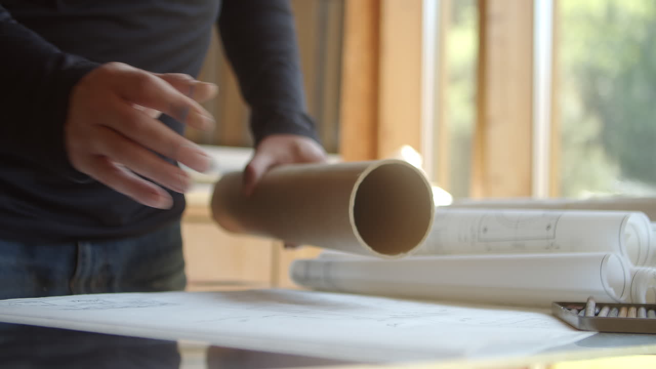 An architect or designer pulls rolls of construction plans out of a cardboard tube