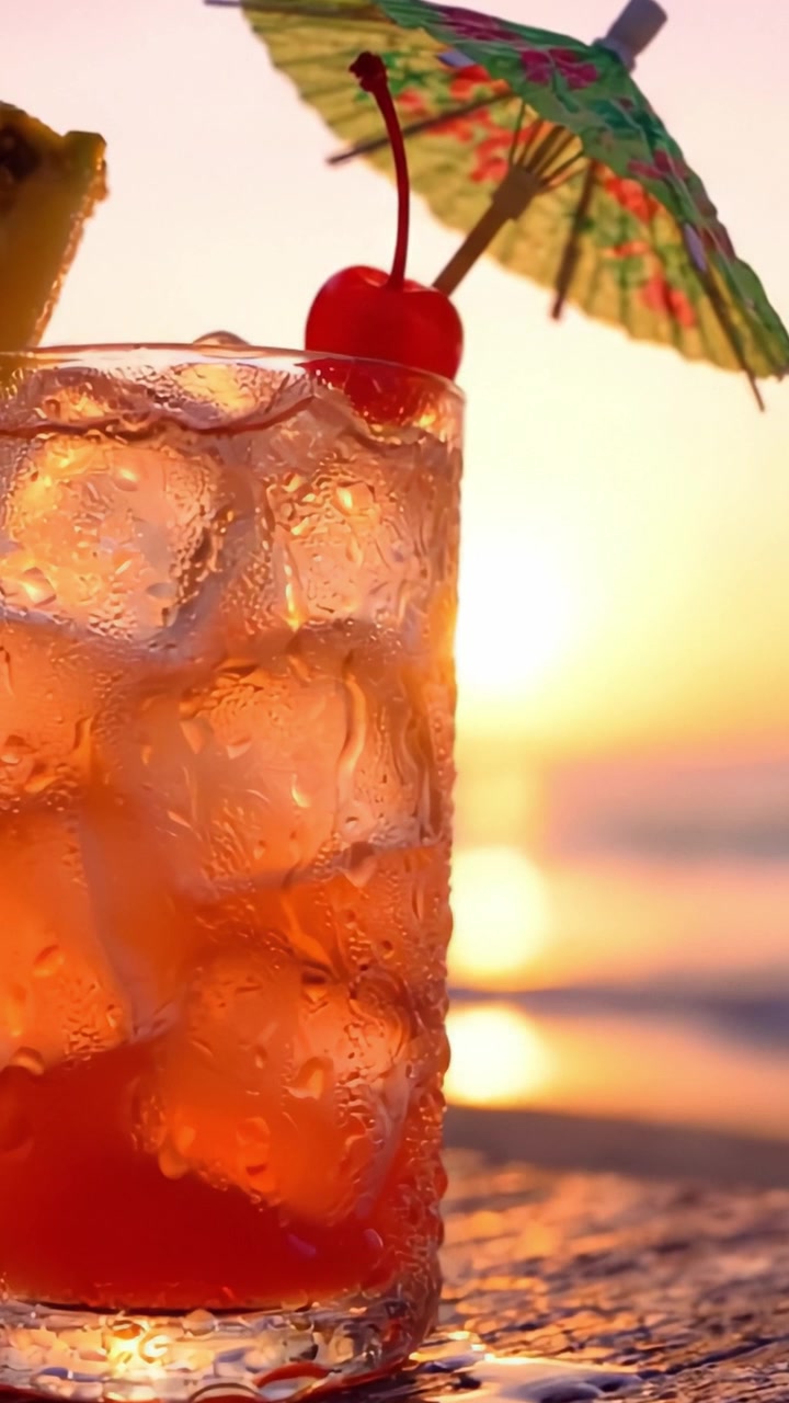 Un Rinfrescante Cocktail Tropicale Servito con un Ombrellino, Ciliegia e Ananas, Perfettamente Immortalato Durante un Tramonto Mozzafiato in Spiaggia