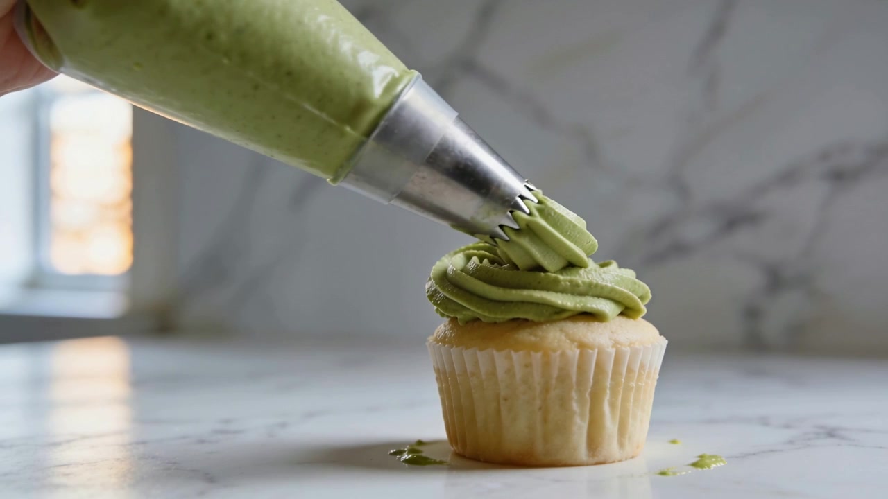 Sac à poche che entra da sinistra, mano del pasticcere che decora un cupcake con glassa verde a spirale su piano di marmo