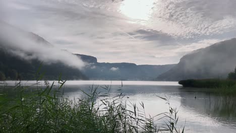 beautiful lake with fog in the morning