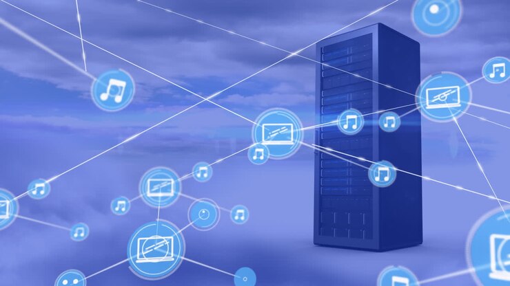 Animation of network of connections with icons over computer server in clouds