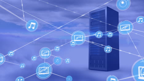 animation of network of connections with icons over computer server in clouds