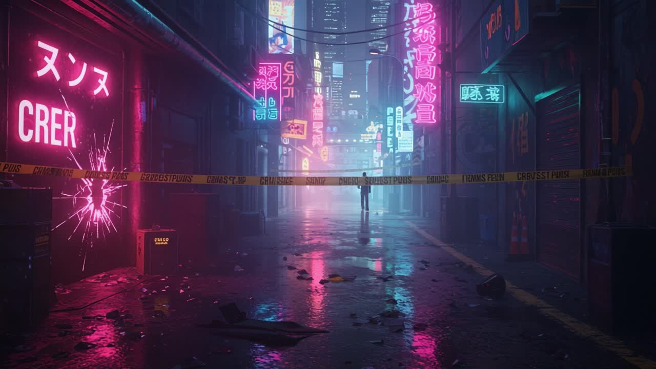 Eine visuelle Erkundung von Neon-Gassen: Die Essenz einer futuristischen Stadtlandschaft mit lebendigen Lichtern und einer mysteriösen Atmosphäre von Verbrechen und Intrigen einfangen.