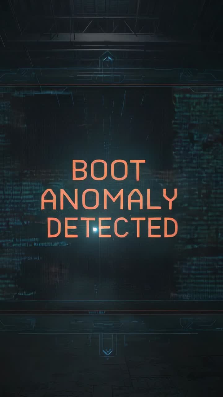 Vertikal video: Blinkende centreret advarselstekstblok viser 'BOOT ANOMALY DETECTED' i serverrums-HUD'en.