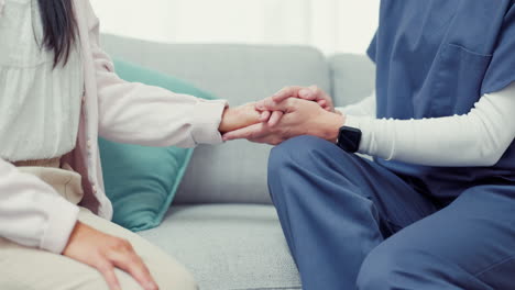 Holding-hands,-closeup-or-woman-speaking-to-nurse