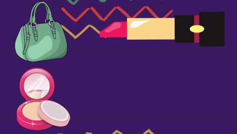 animación de bolso de mano azul, lápiz labial y maquillaje compacto sobre chevrones sobre fondo púrpura