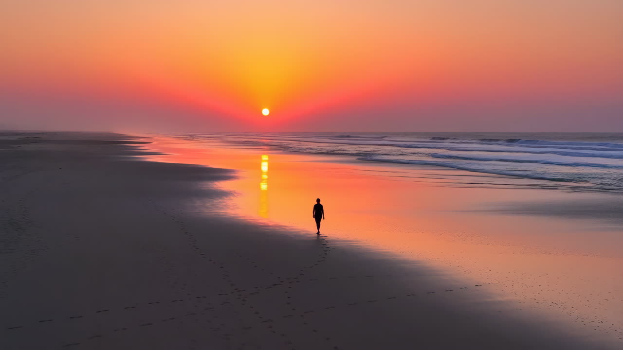 Person walking on beach at sunset
