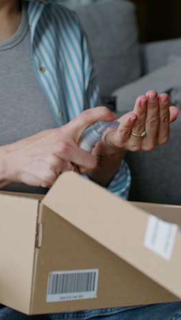 mujer desembalando un paquete y aplicando desinfectante de manos