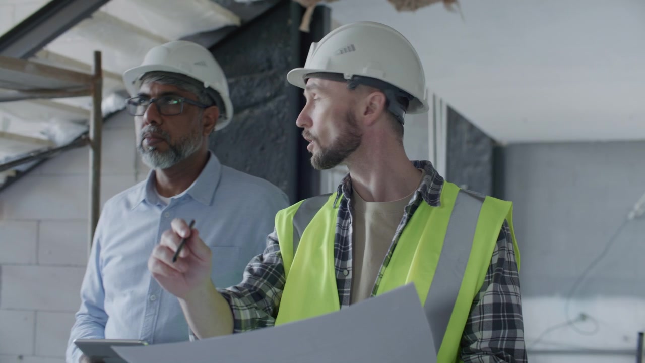 Site Supervisor and Senior Architect Discussing Construction Plan at Work