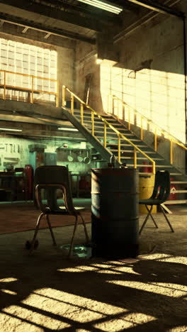 abandoned industrial workshop with a barrel table and two chairs