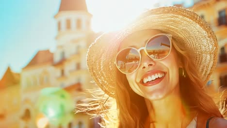 a woman wearing a straw hat and sunglasses smiles at the camera