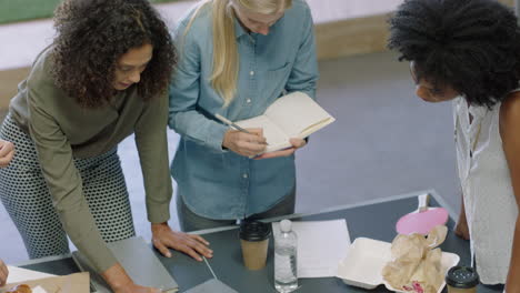 multi ethnic business people meeting brainstorming manager woman sharing ideas creative female team working together on project planning development using laptop in office workplace top view