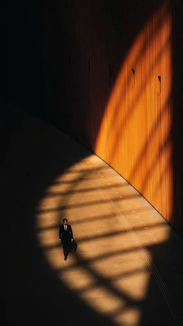 Businessman Walking Through Modern Architectural Hallway