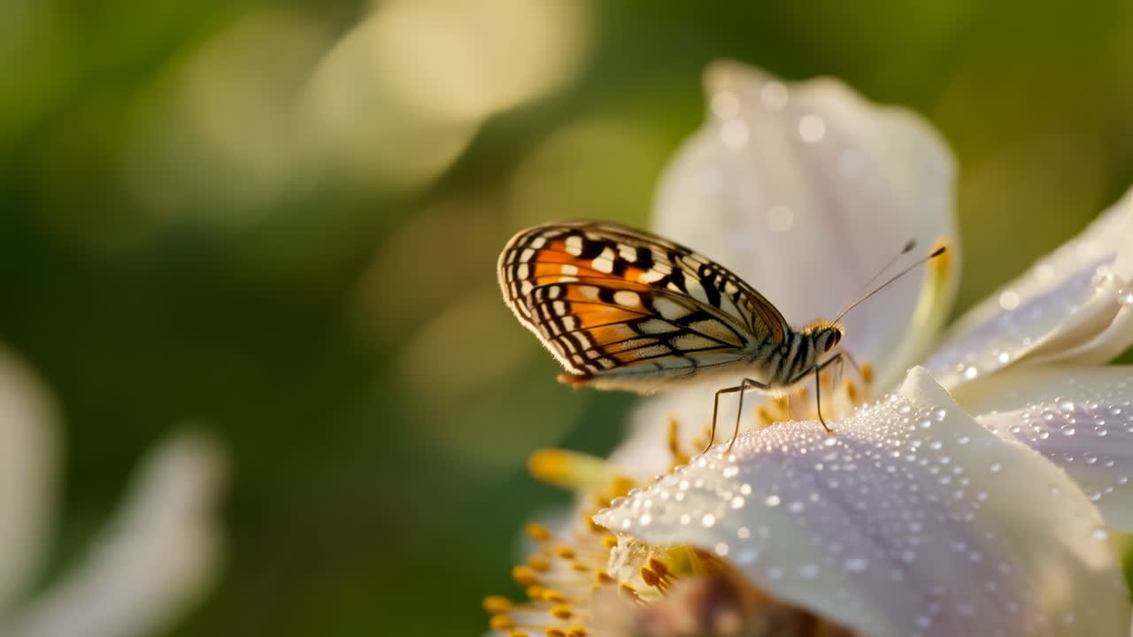 Insetto macro su fiore bianco rugiadoso, Impollinatore che si nutre di nettare sullo stame, Ali delicate con sfumature arancioni