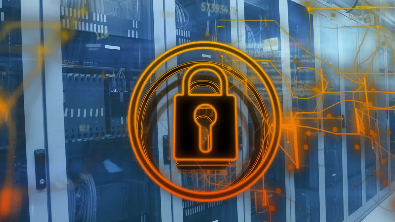 animación del alcance con candado y procesamiento de datos a través de servidores informáticos