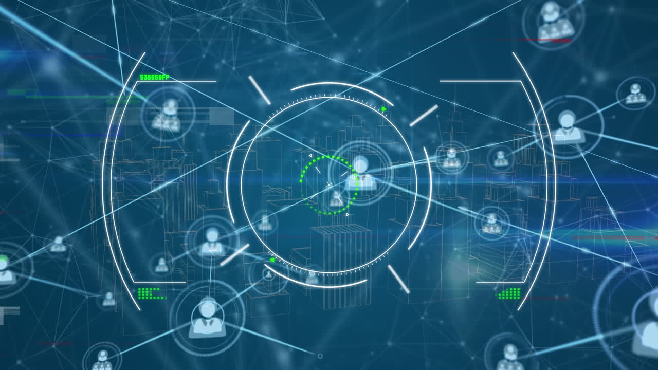 animación de iconos de perfil que se conectan con líneas con escáner sobre modelo 3d de paisaje urbano.