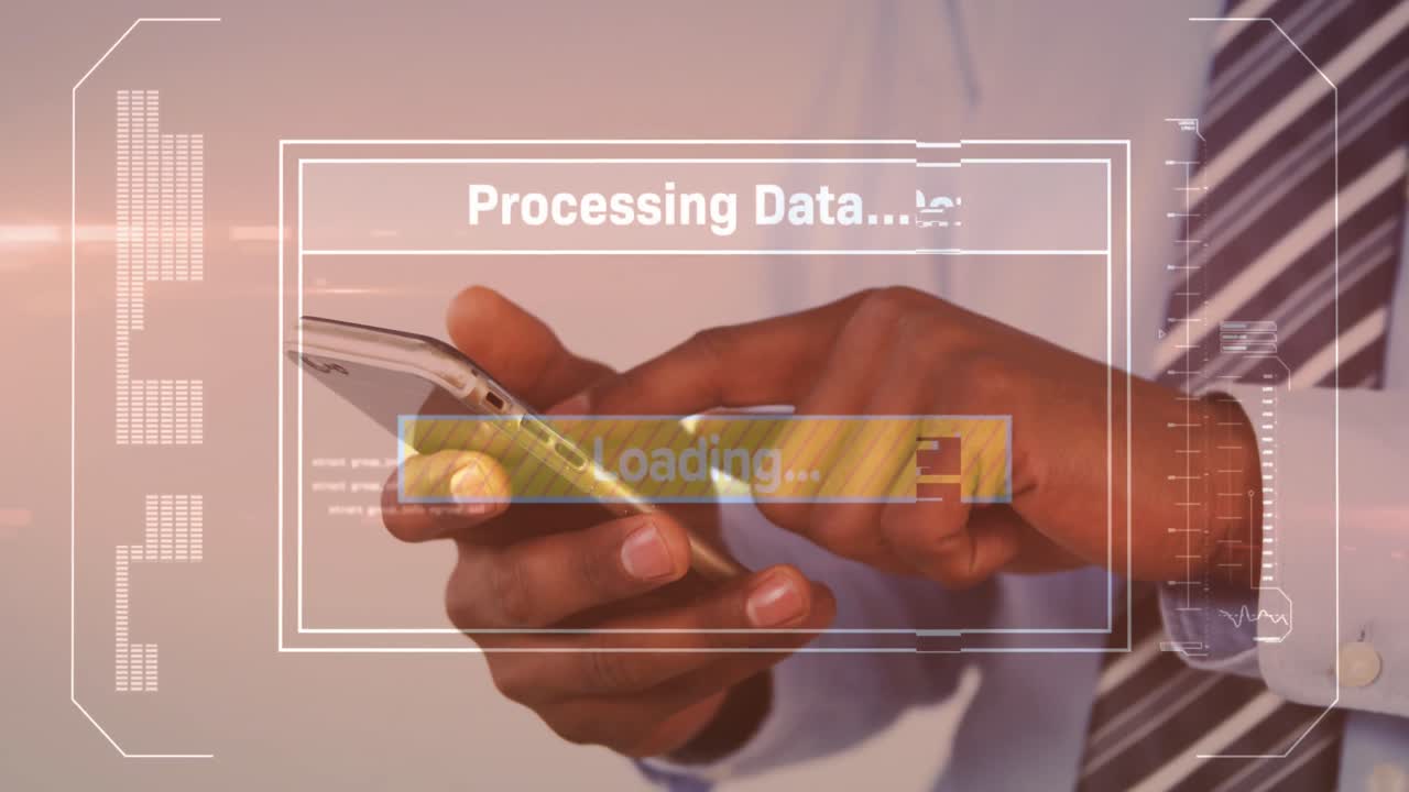 Animation of data processing on screen over man using smartphone