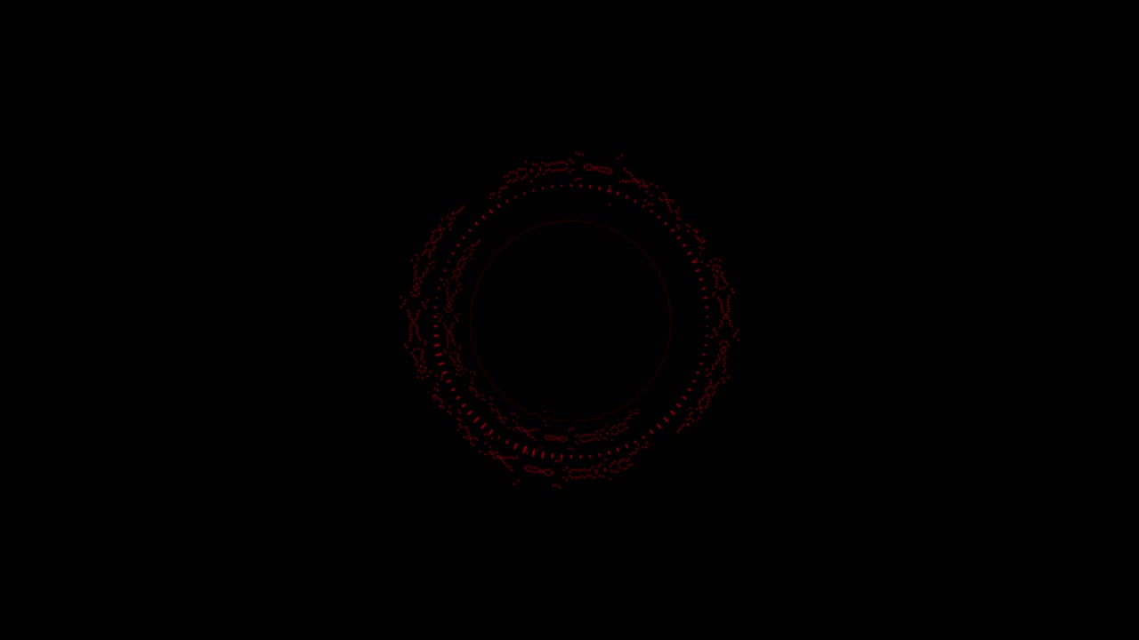 Abstract red circular form with pulsating lines and dots on a black background. Represents audio equalizer, sound wave, or futuristic interface. Seamless loop
