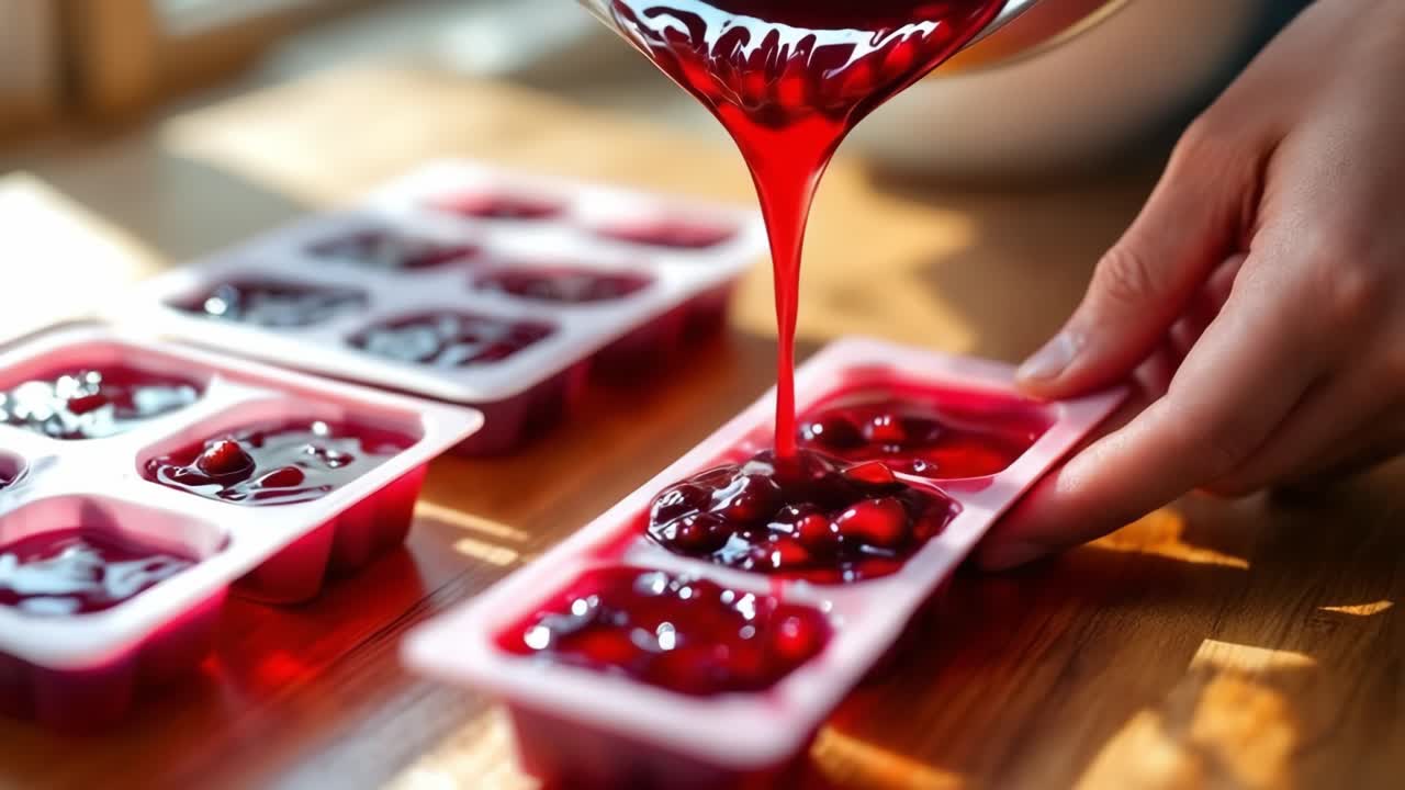 Pastry chef pouring homemade cranberry sauce into ice cube trays on wooden table, preparing individual portions for freezing and preserving