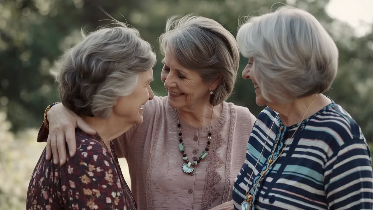 Placing arms around women, center woman pulling left closer in park, showing warmth with necklaces