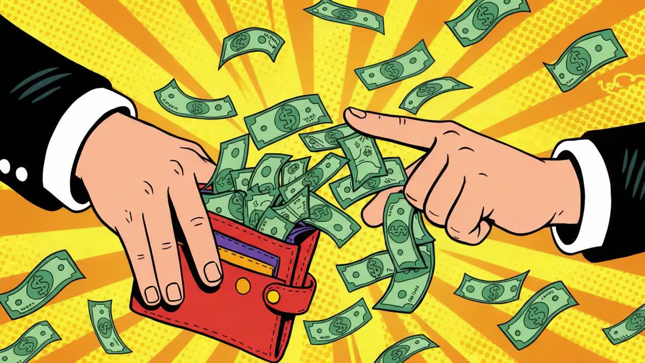 Dynamisk udveksling af rigdom: En illustration der fanger øjeblikket hvor penge strømmer fra en pung, der symboliserer finansielle transaktioner og velstand
