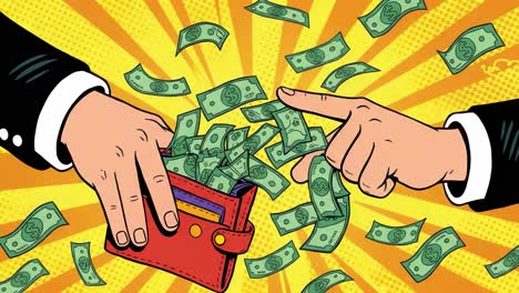 Dynamic Exchange of Wealth: An Illustration Capturing the Moment Money Flows from a Wallet, Symbolizing Financial Transactions and Prosperity