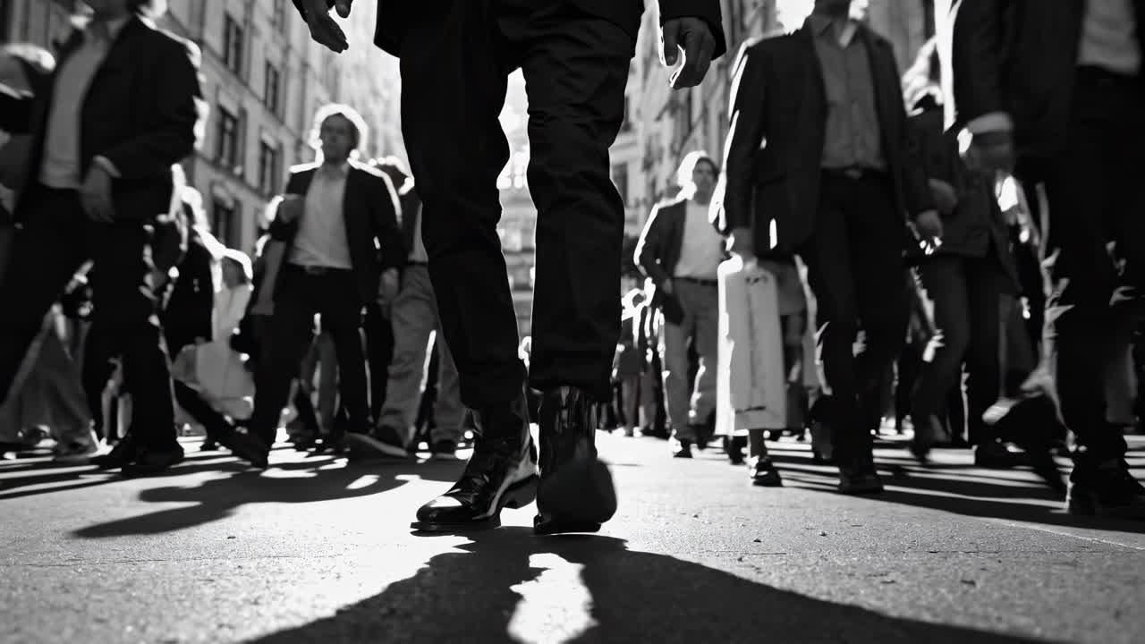 Low-angle black and white video captures bustling city street, focusing on a person's feet amidst