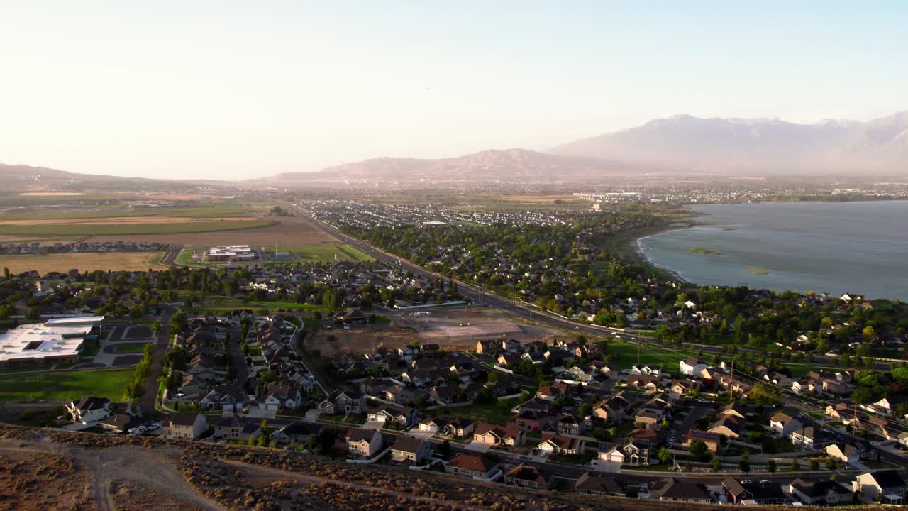 Aerial View of Utah Lake and Saratoga Springs City in Utah County on Summer Day
