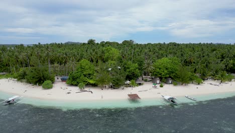 Dense-palm-tree-forest-along-white-sandy-beach-coastline-with-outrigger-canoes-on-shore