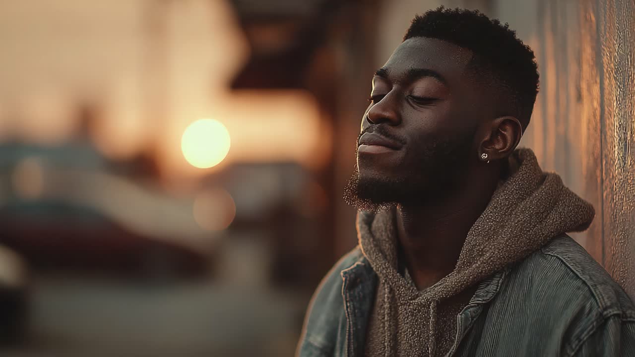 A Moment of Reflection: A Young Man Enjoys a Serene Sunset While Resting His Head Against a Wall in a Tranquil Urban Setting