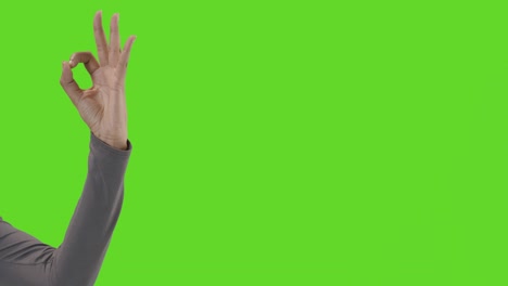 studio close up shot of woman giving ok sign against green screen