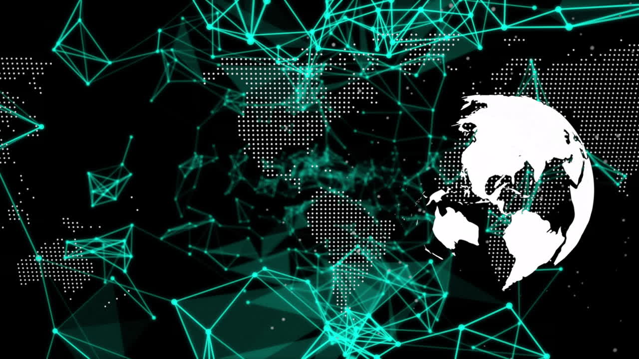red de conexiones sobre el globo giratorio y el mapa del mundo contra un fondo negro