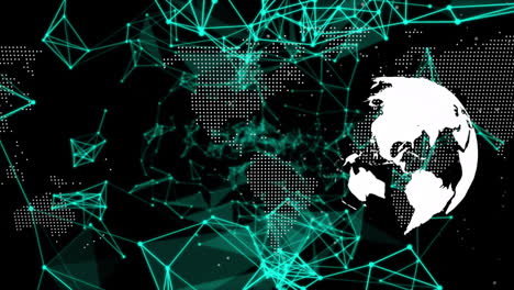 Network of connections over spinning globe and world map against black background